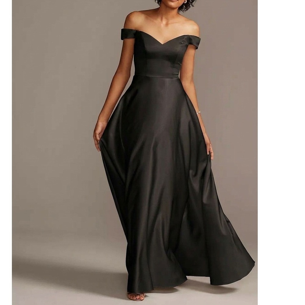 DB Studio Satin Off Shoulder Formal‎ Gown Dress 14 Bridesmaid Maxi F20134 Black